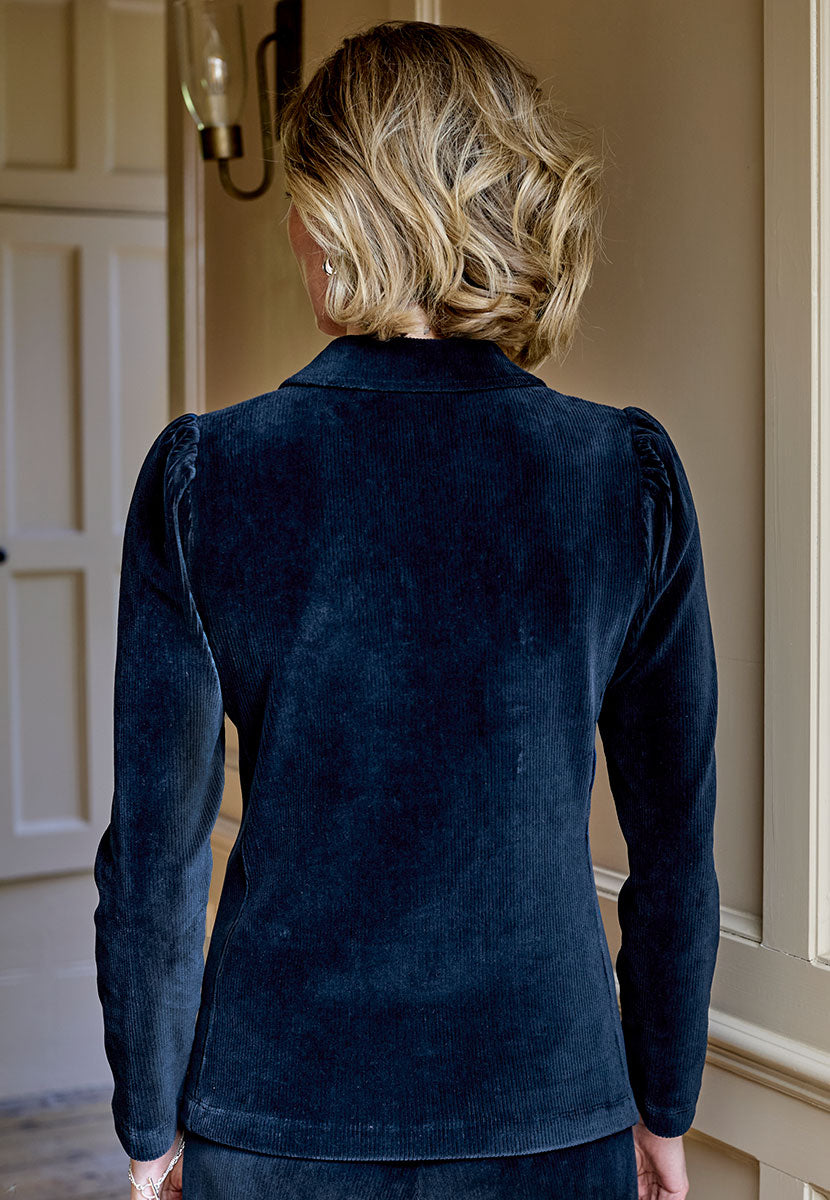 Esmerelda Velour V-Neck Top - Navy Effortless Autumnal Top Super Soft Comfortable Cord Jersey Open V-Neck and Collar Back View