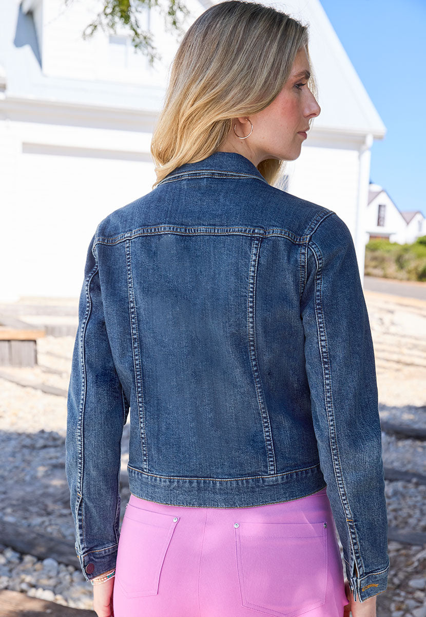 Estelle Classic Denim Jacket - Mid Denim Western-Style Design with Elevated Details Perfect Layering Piece Offering Both Style and Timeless Versatility Back View