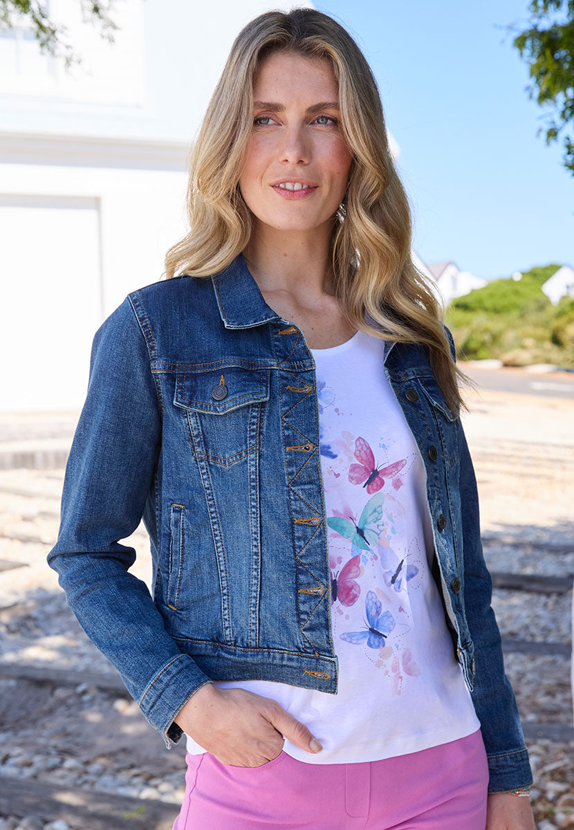Estelle Classic Denim Jacket - Mid Denim Western-Style Design with Elevated Details Perfect Layering Piece Offering Both Style and Timeless Versatility Front Alt View