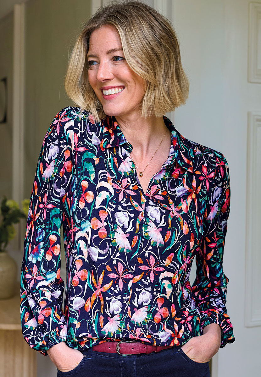 Evangaline Long Sleeve Jersey Blouse - Linara Print Front View