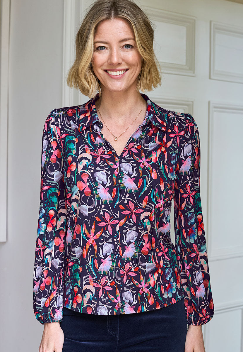 Evangaline Long Sleeve Jersey Blouse - Linara Print Front Alt View