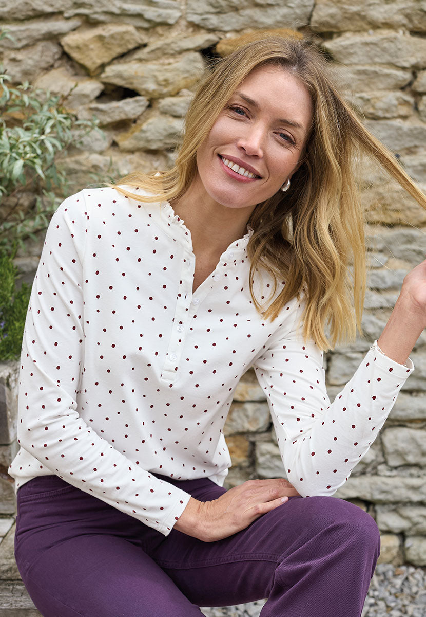 Evie Long Sleeve Henley Top - Berry Spot