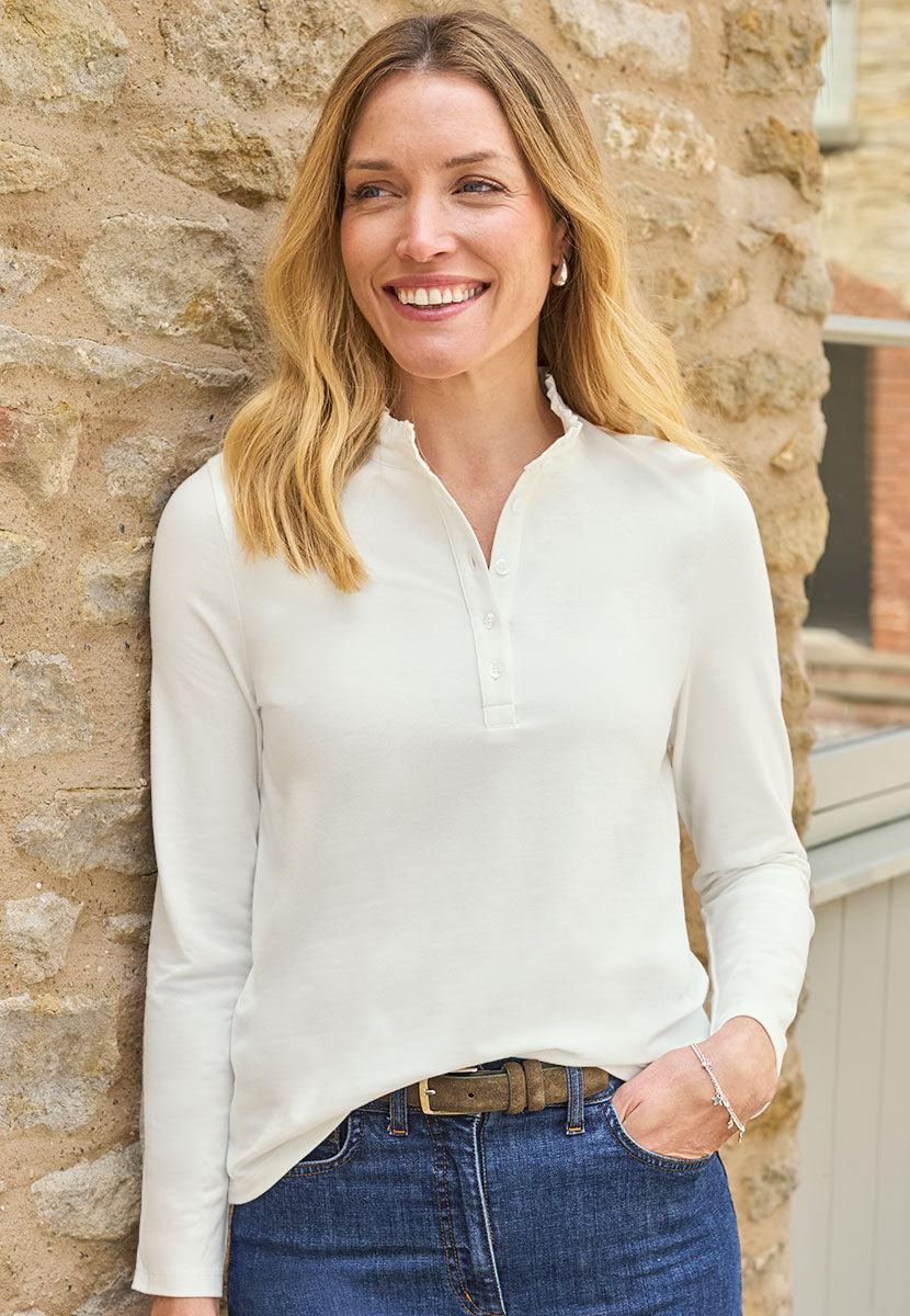 Evie Long Sleeve Henley Top - Ivory