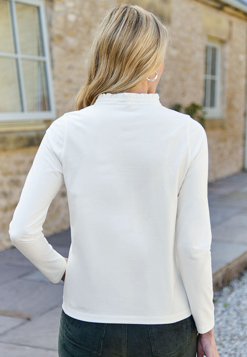 Evie Long Sleeve Henley Top - Ivory Size Jacquard Print Ivory Top with Button Detailing and Frill Trims on Collar Back View
