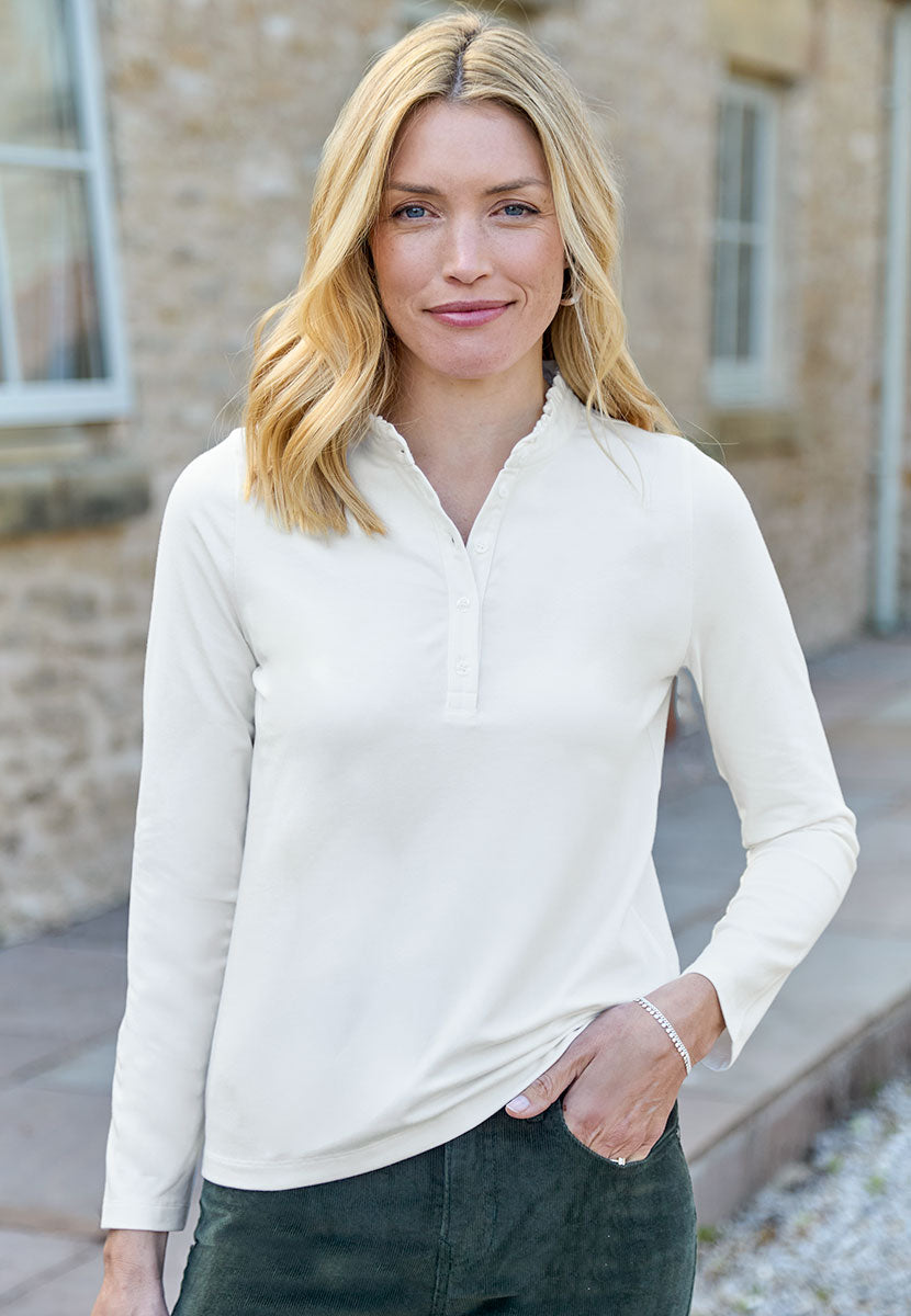 Evie Long Sleeve Henley Top - Ivory Size Jacquard Print Ivory Top with Button Detailing and Frill Trims on Collar