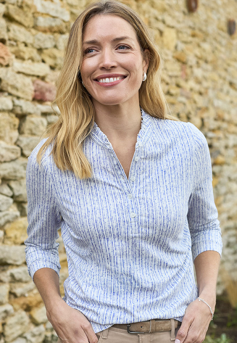 Evie Long Sleeve Henley Top - Blue Stripe