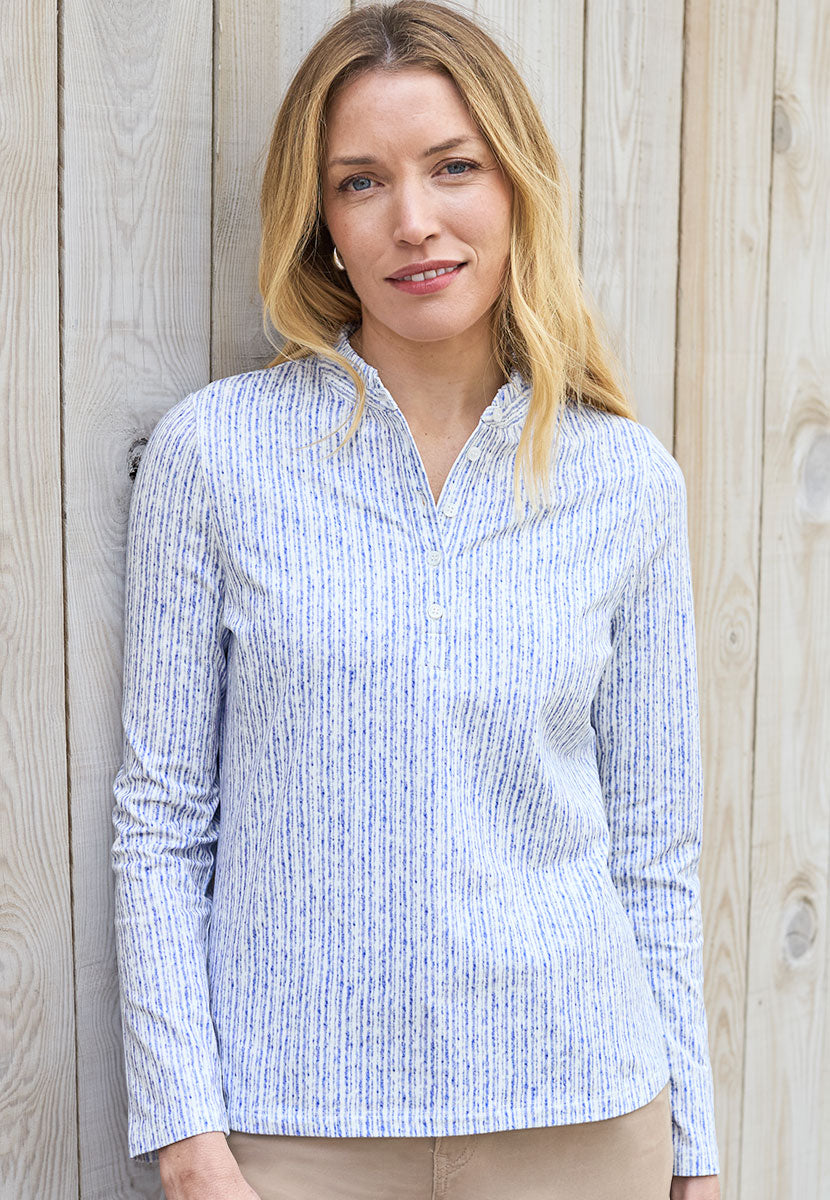 Evie Long Sleeve Henley Top - Blue Stripe
