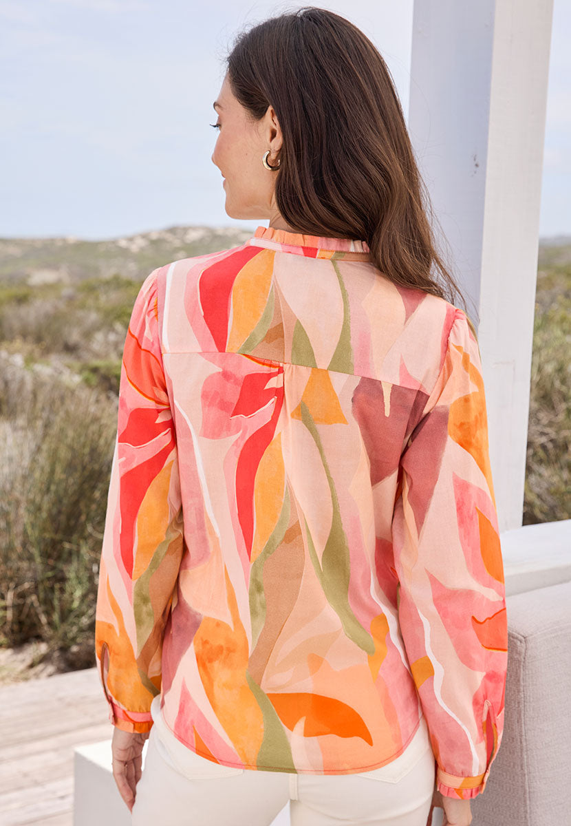 Felicia Long Sleeve Button Through Cotton Shirt - Loreto Print Orange and Green Floral Design with a Frill Collared Shirt Back View