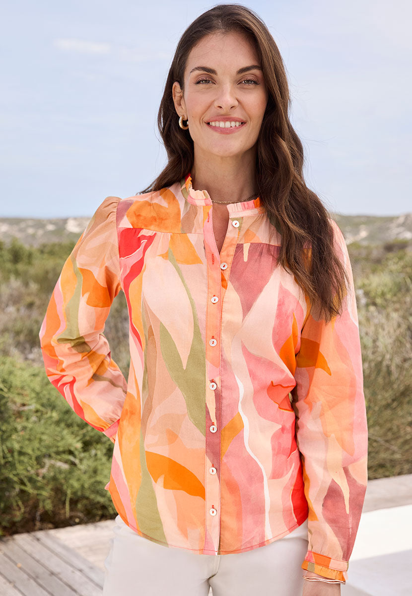Felicia Long Sleeve Button Through Cotton Shirt - Loreto Print Orange and Green Floral Design with a Frill Collared Shirt