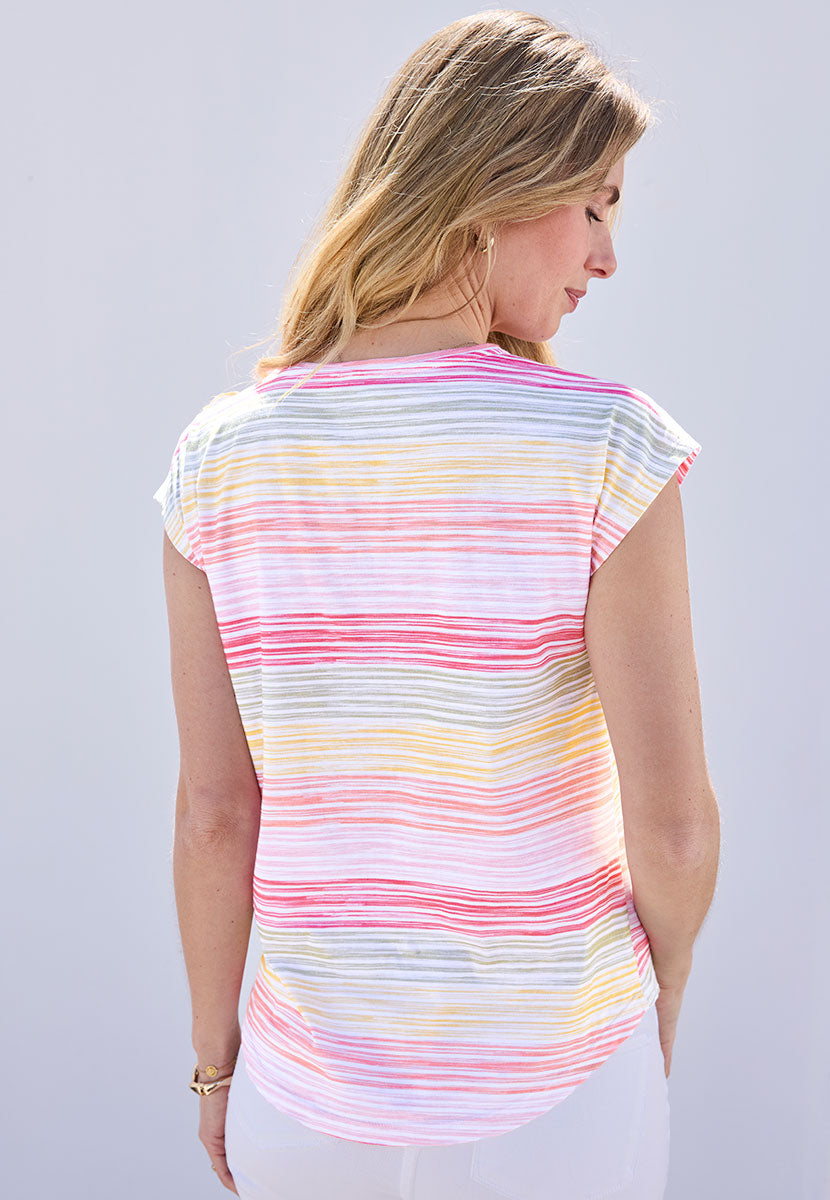 Fern Multi-Colour Cotton Jersey Top - Hibiscus Stripe Short Sleeve Cotton Slub Jersey Back View