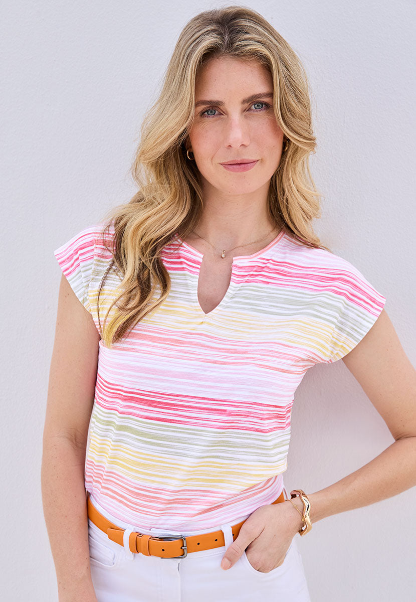 Fern Multi-Colour Cotton Jersey Top - Hibiscus Stripe Short Sleeve Cotton Slub Jersey 