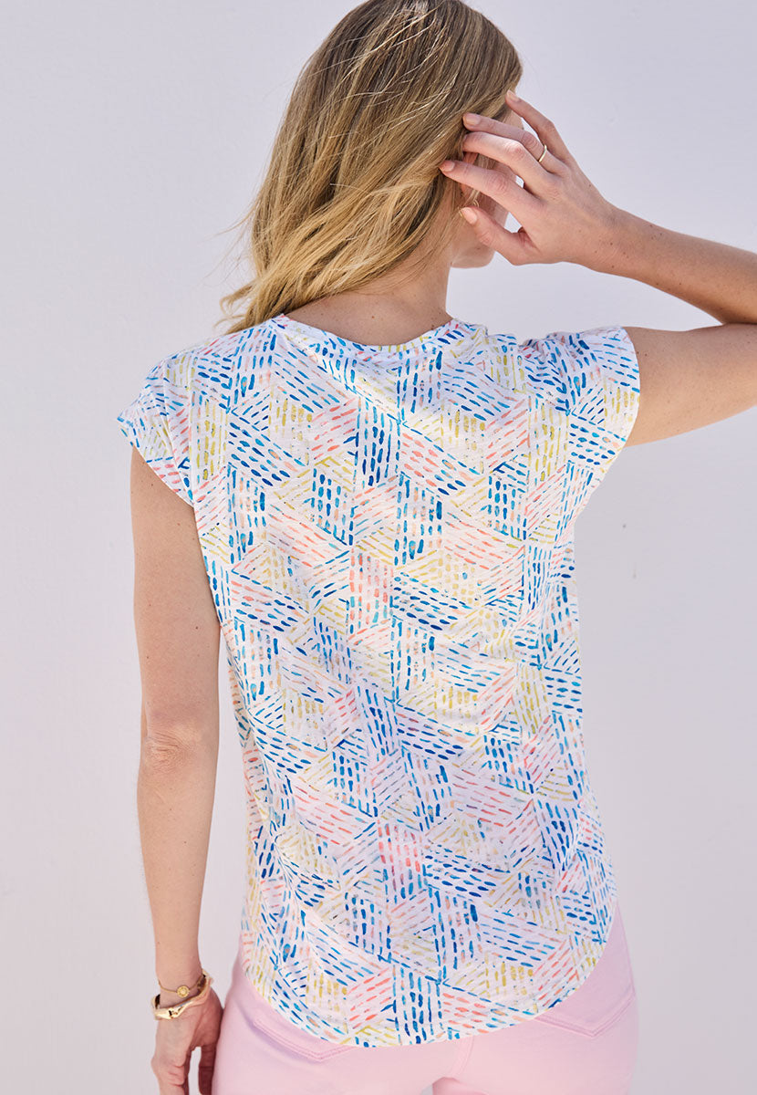 Fern Multi-Colour Cotton Jersey Top - Palena Print Short Sleeve Cotton Slub Jersey Back View