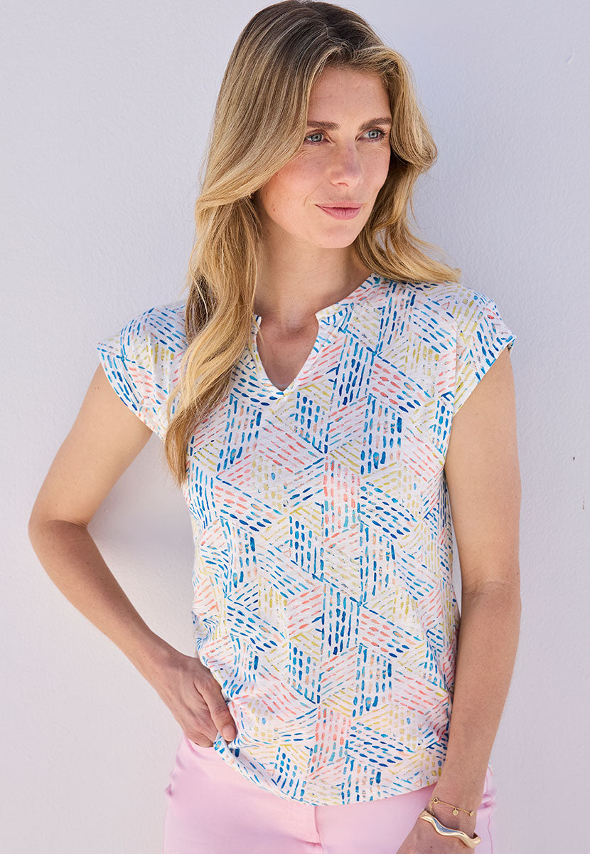 Fern Multi-Colour Cotton Jersey Top - Palena Print Short Sleeve Cotton Slub Jersey 