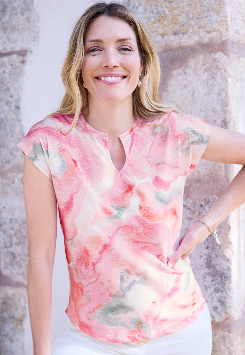 Fern Short Sleeve Cotton Jersey Top - Pink Print
