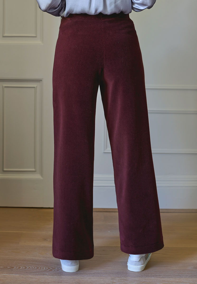 Fiona Wide Leg Cord Velour Trouser 27 Inch Leg - Berry Endless Comfort Soft Drapey Stretch Cord Pull On Style Elasticated Waist and Zip Pockets Back View
