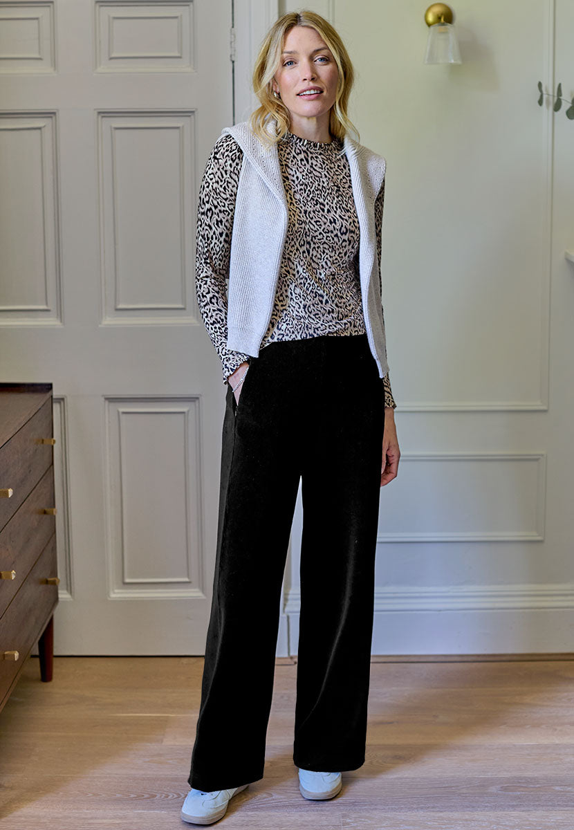 Fiona Wide Leg Cord Velour Trouser 27 Inch Leg - Black Endless Comfort Soft Drapey Stretch Cord Pull On Style Elasticated Waist and Zip Pockets Alt View