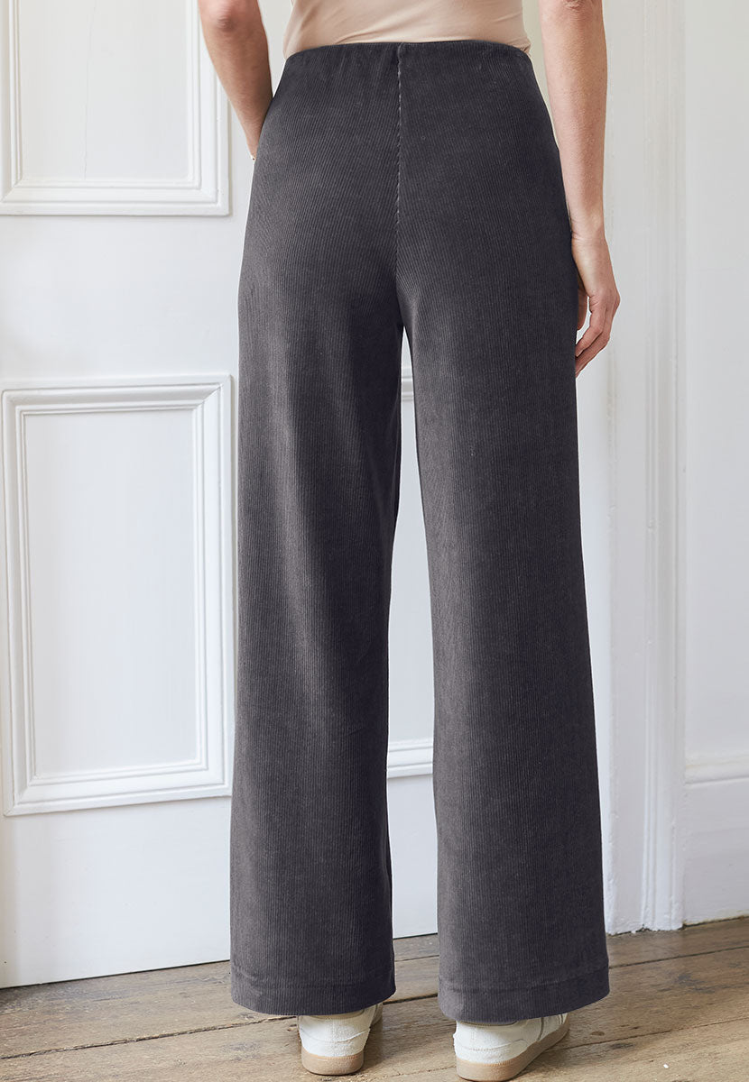 Fiona Wide Leg Cord Velour Trouser - Charcoal