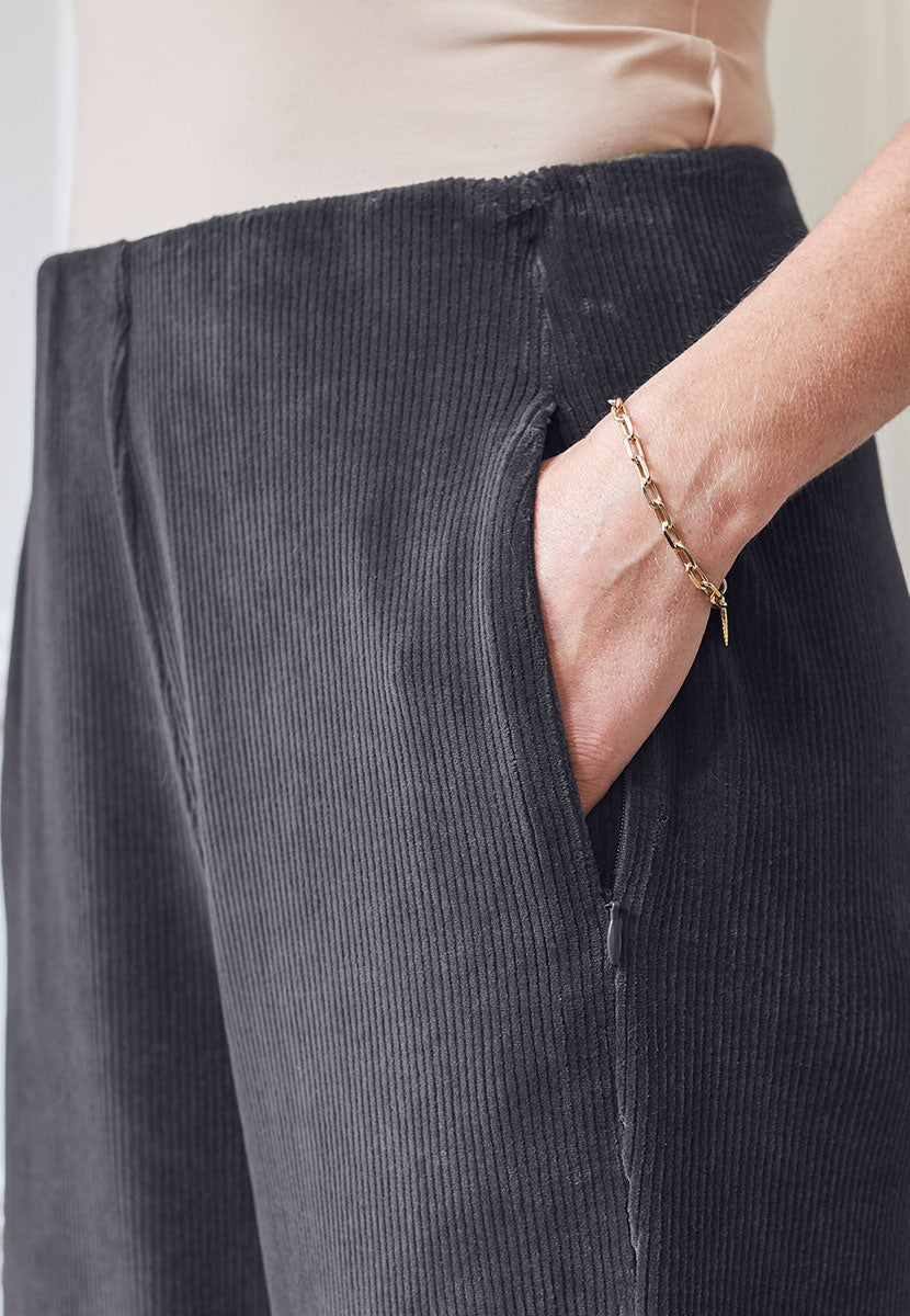 Fiona Wide Leg Cord Velour Trouser - Charcoal