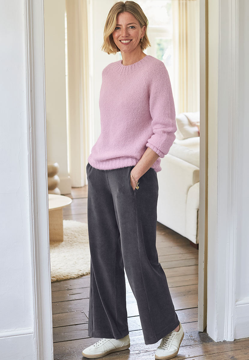 Fiona Wide Leg Cord Velour Trouser - Charcoal
