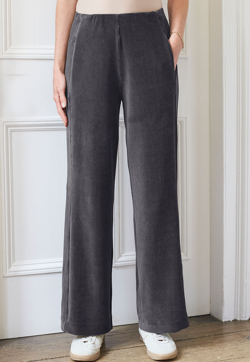 Fiona Wide Leg Cord Velour Trouser - Charcoal
