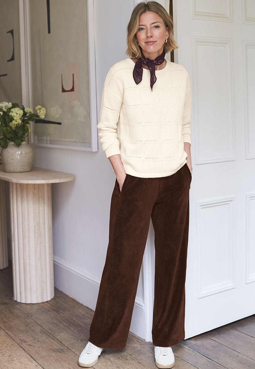 Fiona Wide Leg Cord Velour Trouser - Chocolate Front View