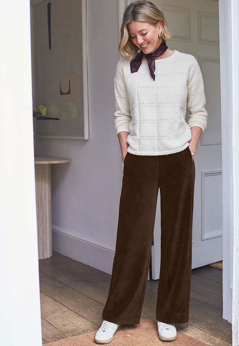 Fiona Wide Leg Cord Velour - Chocolate Front View