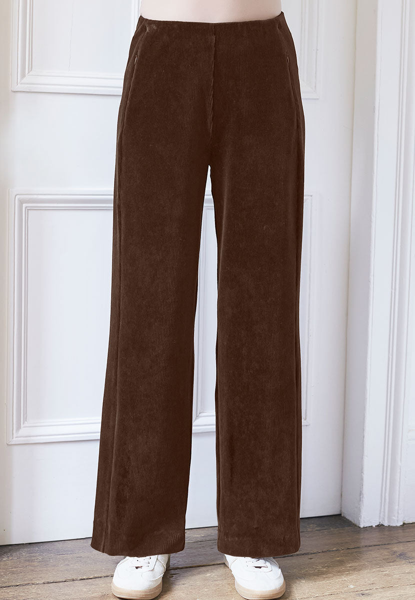 Fiona Wide Leg Cord Velour - Chocolate Front Alt View