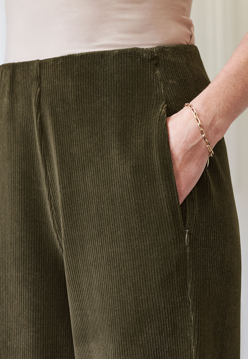 Fiona Wide Leg Cord Velour - Deep Fern Detail View