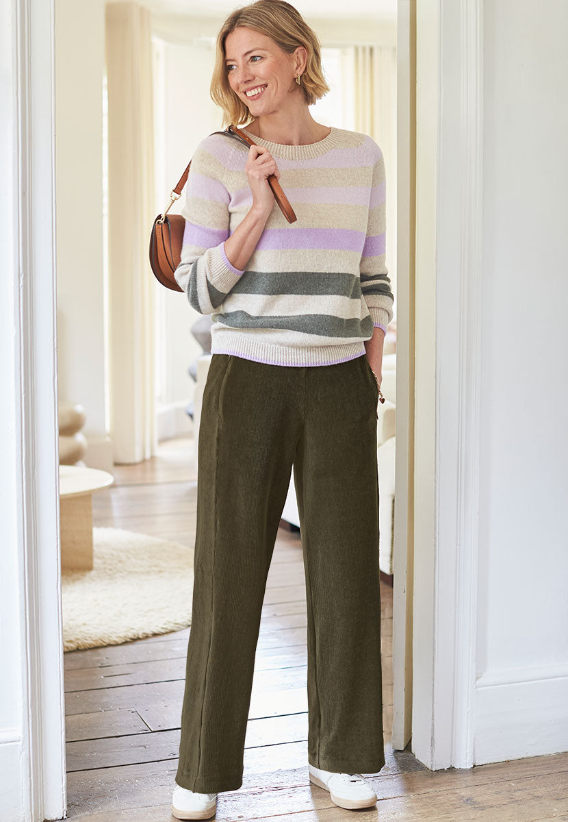 Fiona Wide Leg Cord Velour - Deep Fern Front View