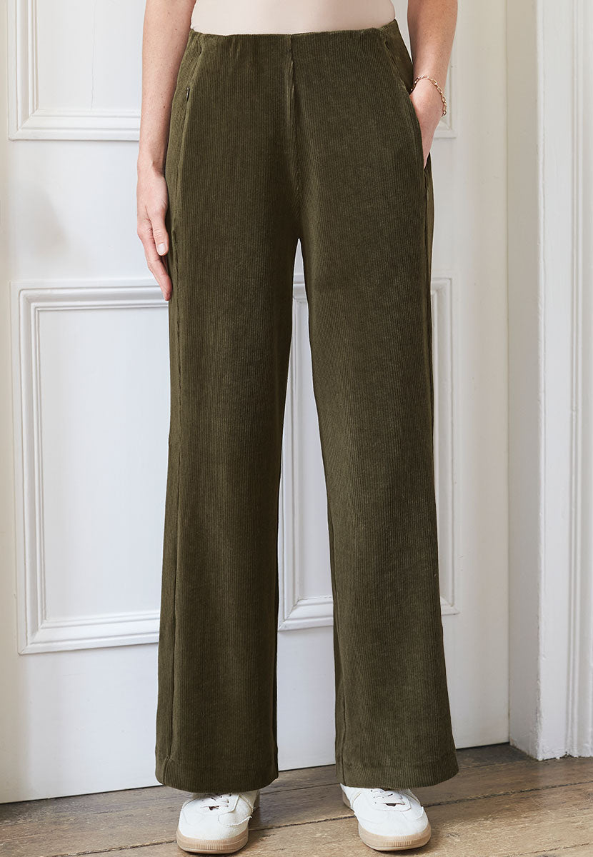 Fiona Wide Leg Cord Velour - Deep Fern Front Alt View