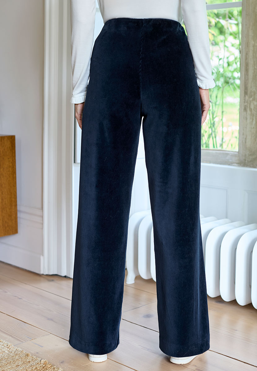 Fiona Wide Leg Cord Velour Trouser - Ink Blue