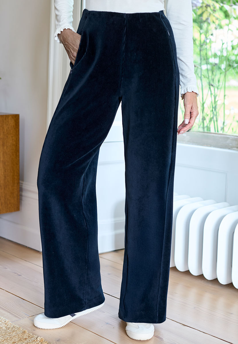 Fiona Wide Leg Cord Velour Trouser - Ink Blue