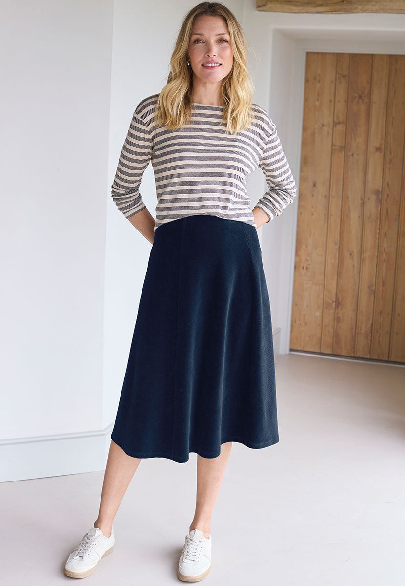 Fiona Pull on Cord Skirt - Navy Front View