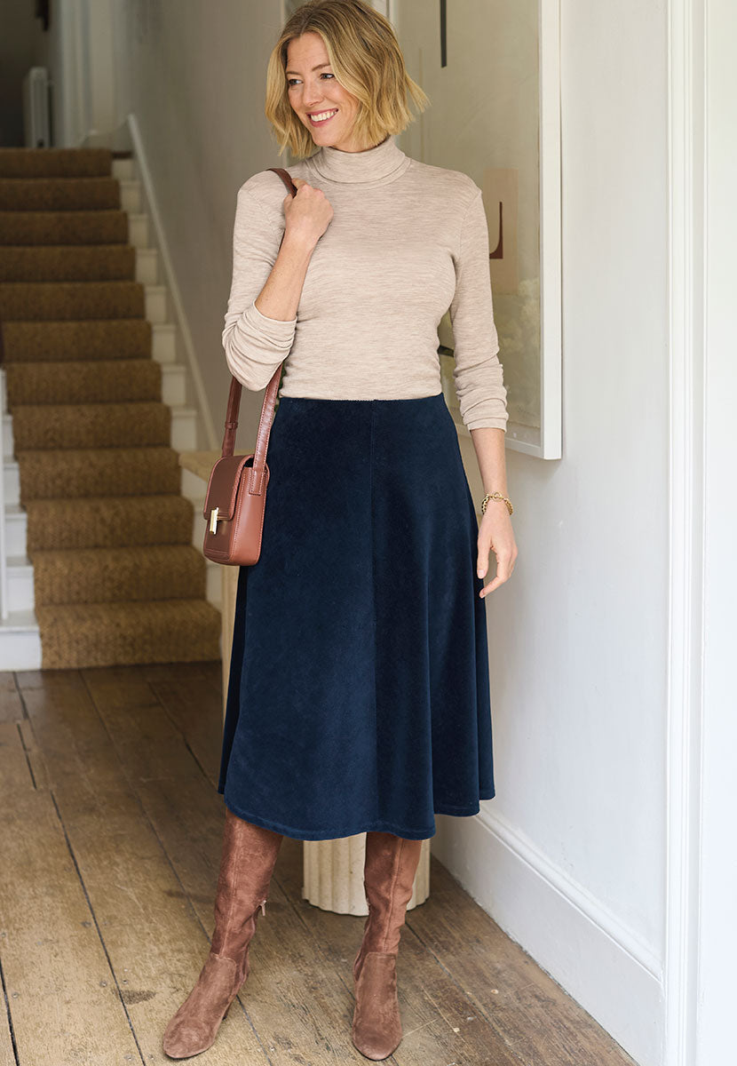 Fiona Pull on Cord Skirt - Navy Front View with Oatmeal Gaia