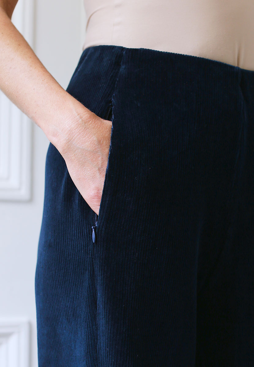 Fiona Wide Leg Cord Velour - Navy Pocket Detail View