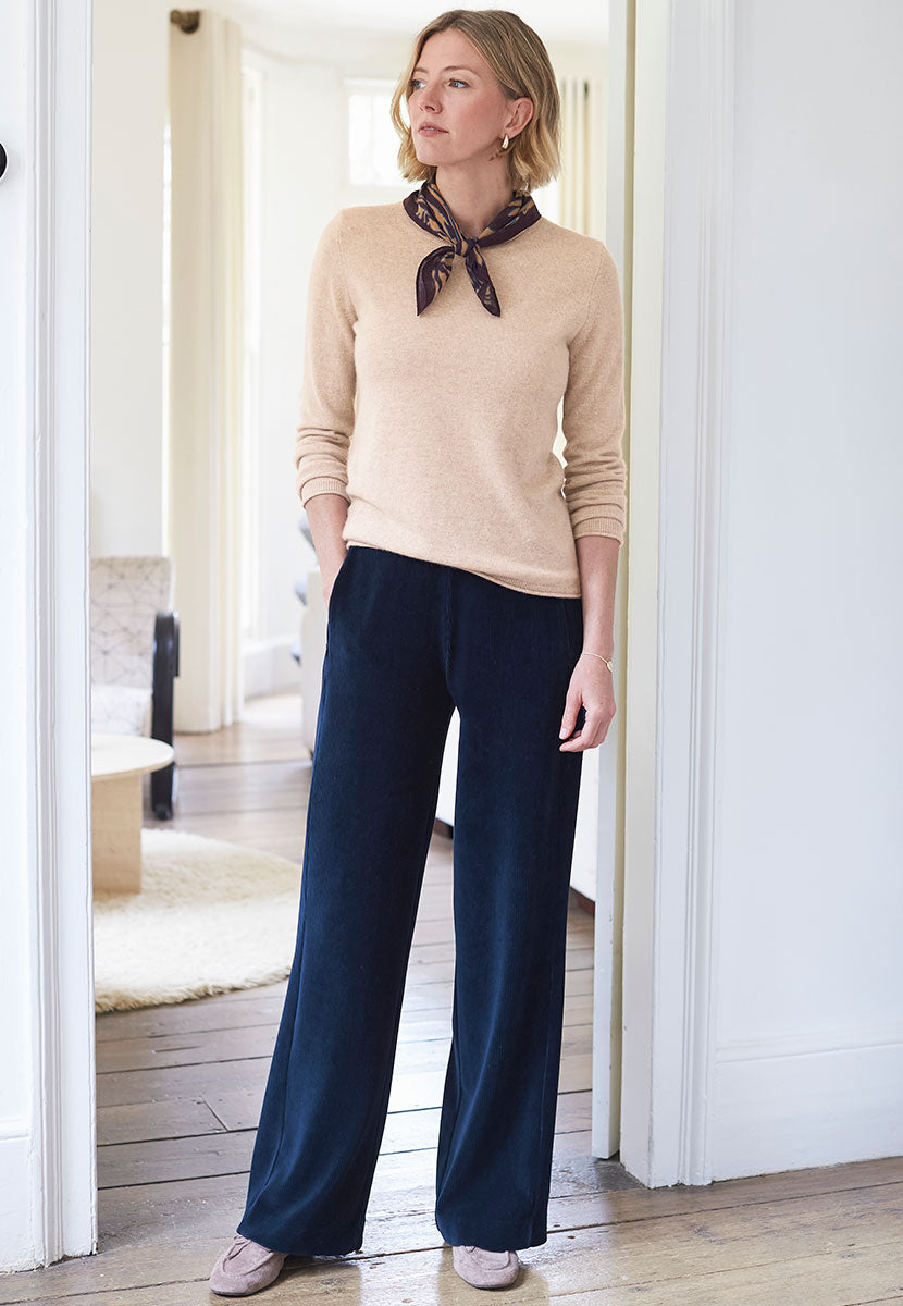 Fiona Wide Leg Cord Velour - Navy Front View