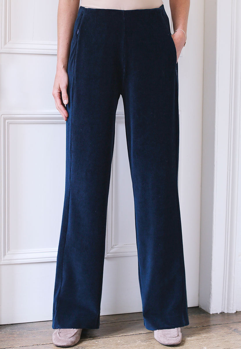 Fiona Wide Leg Cord Velour - Navy Front Alt View