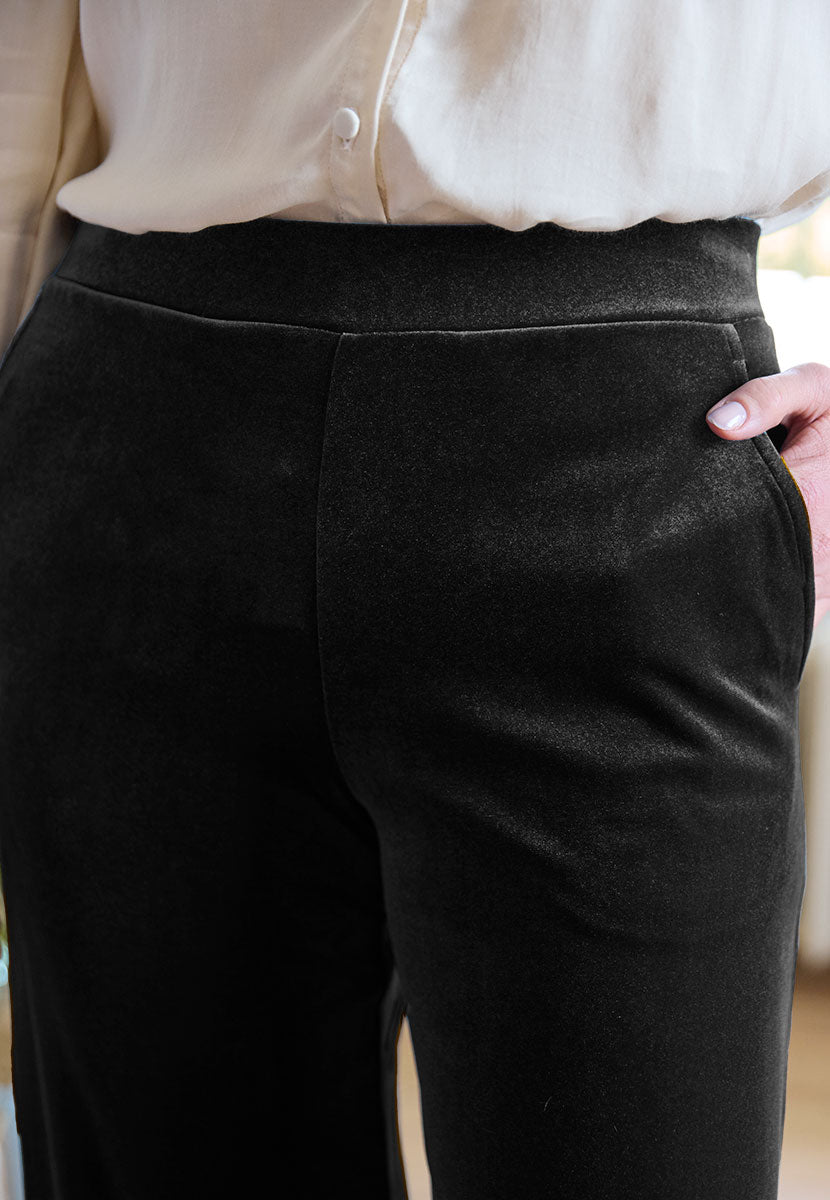  Frankie Wide Leg Velour Trouser - Black Detail View