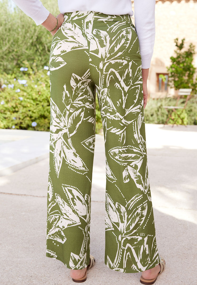  Frankie Wide Leg Pull On Style Trouser - Khaki Green Print Stretchy Jersey 27 Inch Leg with Elasticated Waist Ideal for Summer Back View