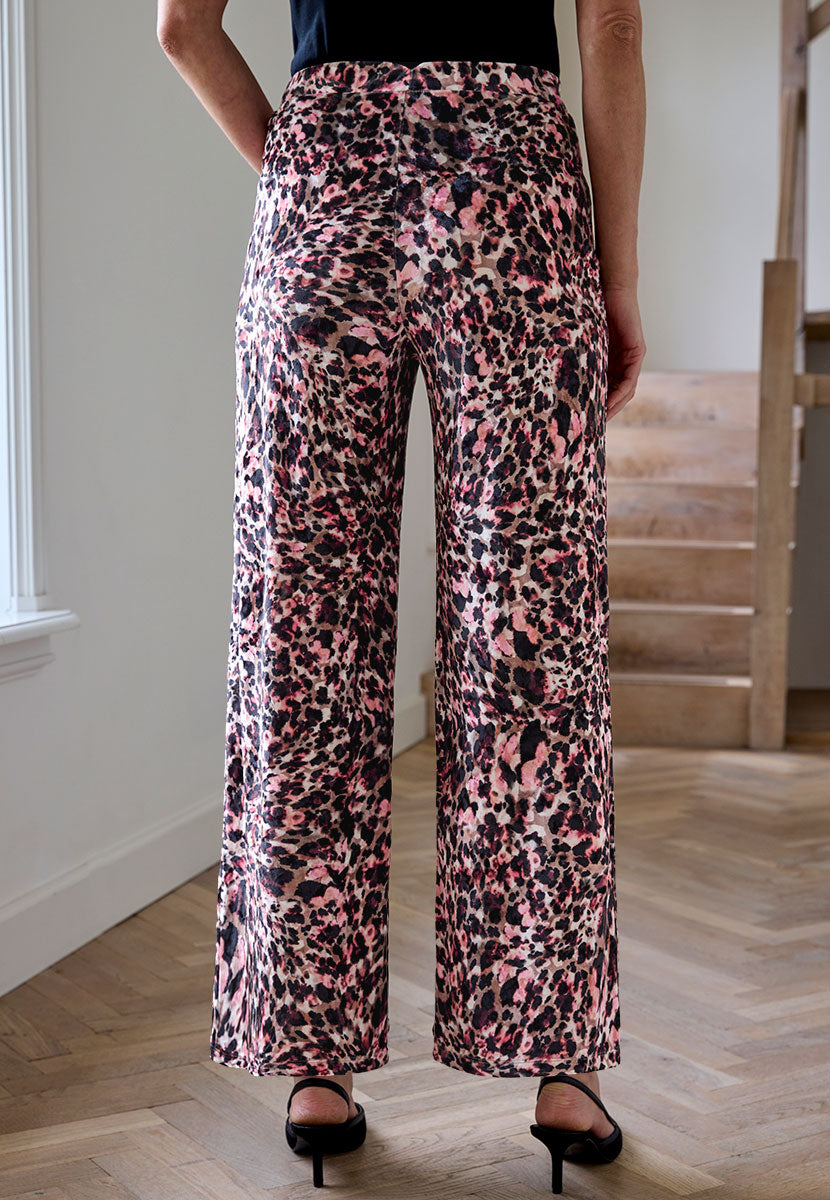 Frankie Wide Leg Velour Trousers - Paris Print Flat Front Slant Pockets Back View