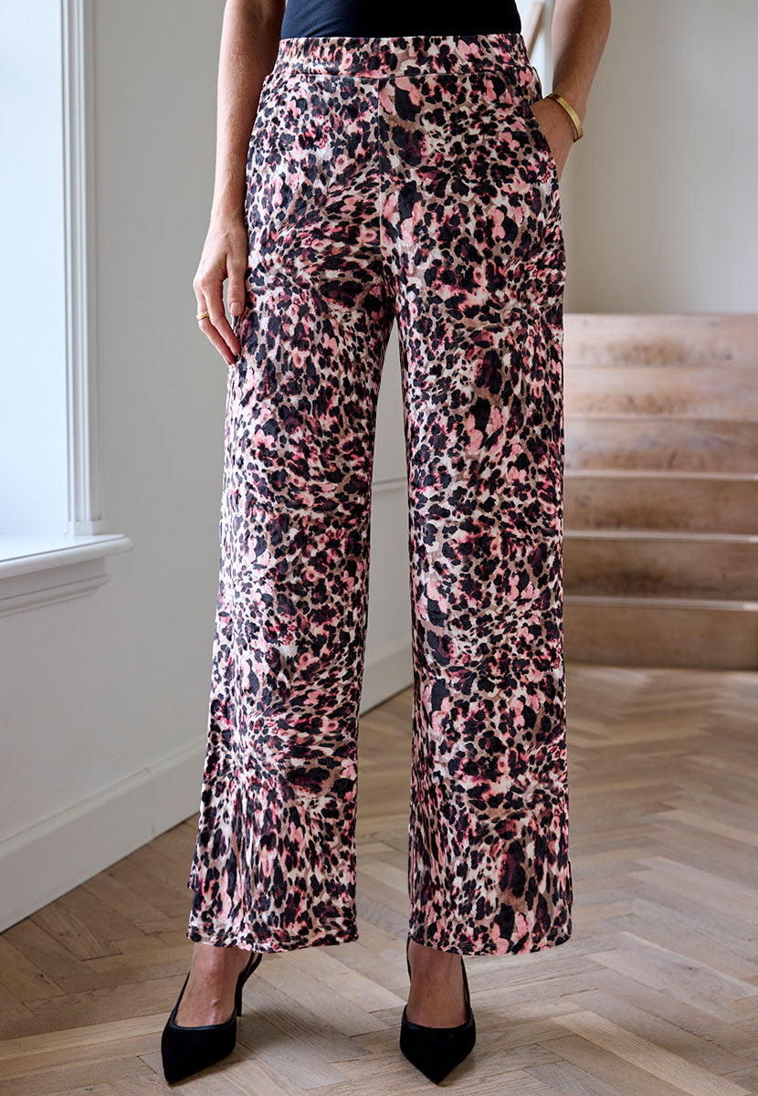 Frankie Wide Leg Velour Trousers - Paris Print Flat Front Slant Pockets Front Detail