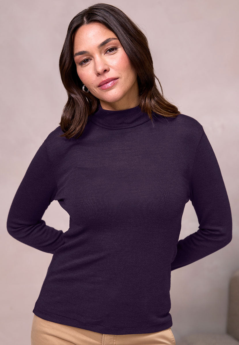 Gaia Turtle Neck Long Sleeve Top - Amethyst Dark Purple Merino Silk Blend Turtle-neck Perfect for Wearing Alone or Layering Seamless Comfort and Warmth front Alt View