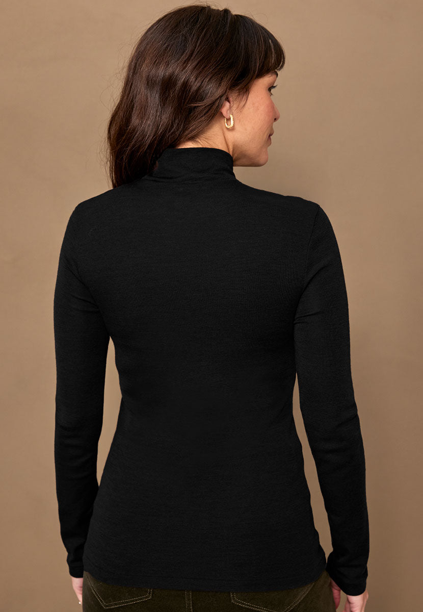 Gaia Turtle Neck Long Sleeve Merino Silk Top - Black Back View