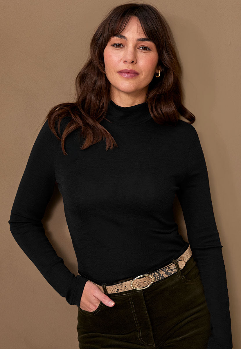 Gaia Turtle Neck Long Sleeve Merino Silk Top - Black Front View