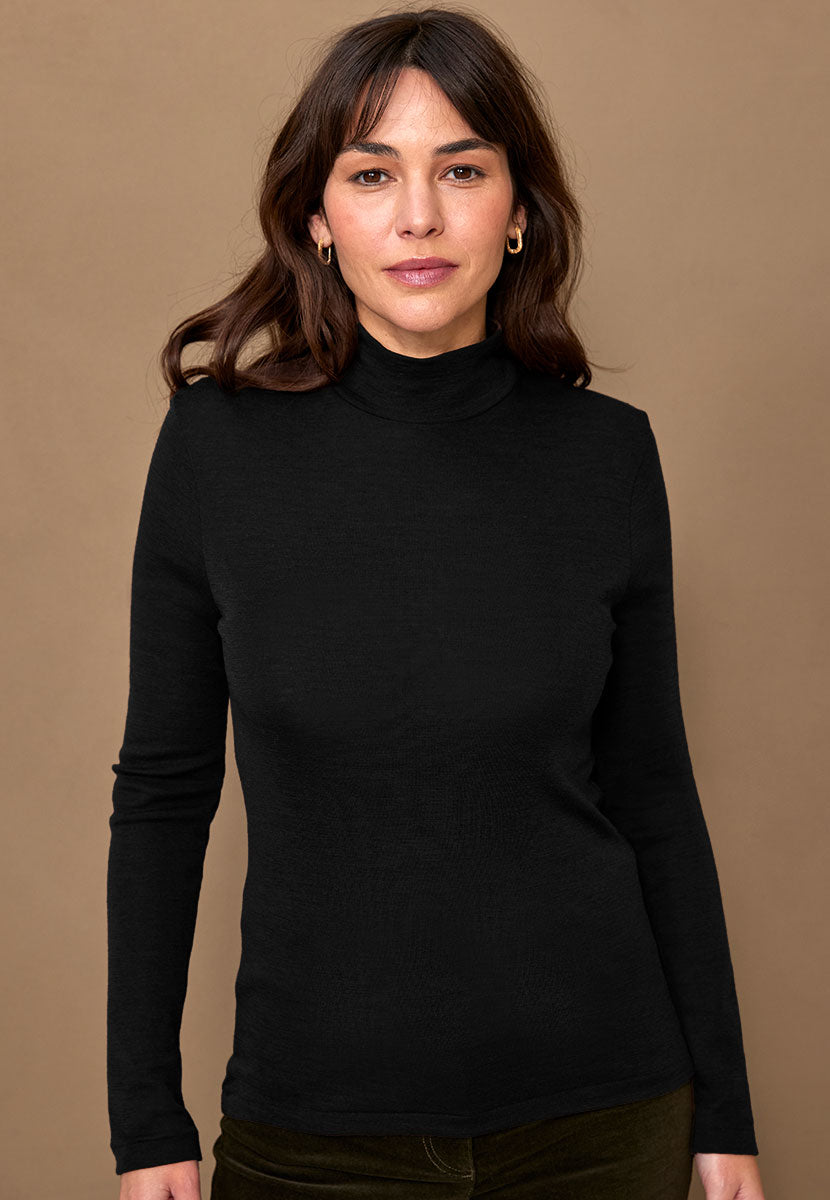 Gaia Turtle Neck Long Sleeve Merino Silk Top - Black Front Alt View