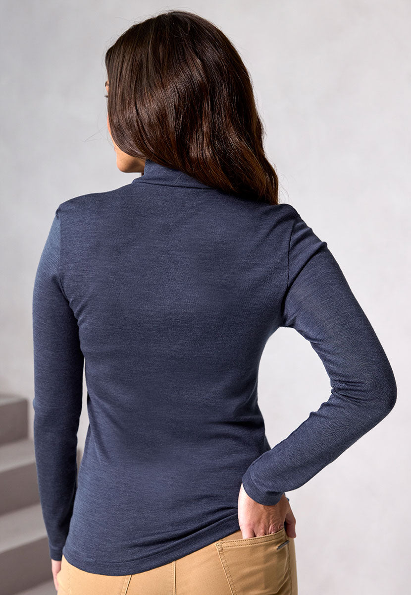 Gaia Turtle Neck Long Sleeve Top - Denim Dark Blue Grey Merino Silk Blend Turtle-neck Perfect for Wearing Alone or Layering Seamless Comfort and Warmth Back View