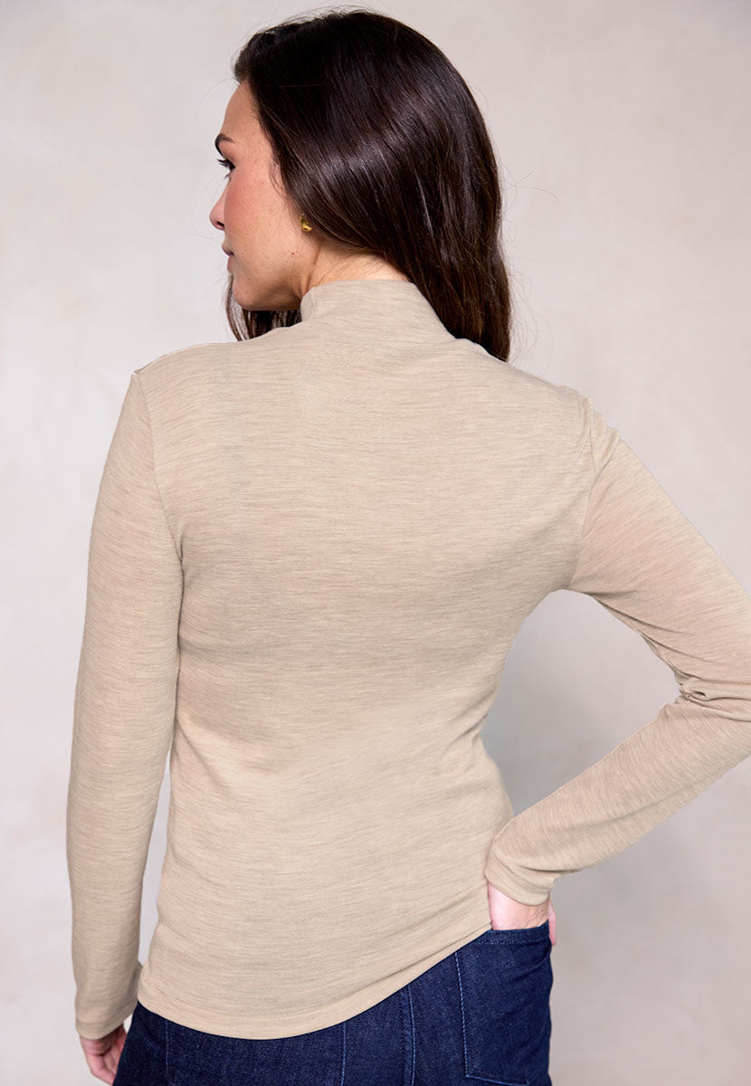 Gaia Turtle Neck Long Sleeve Merino Silk Top - Oatmeal Marl