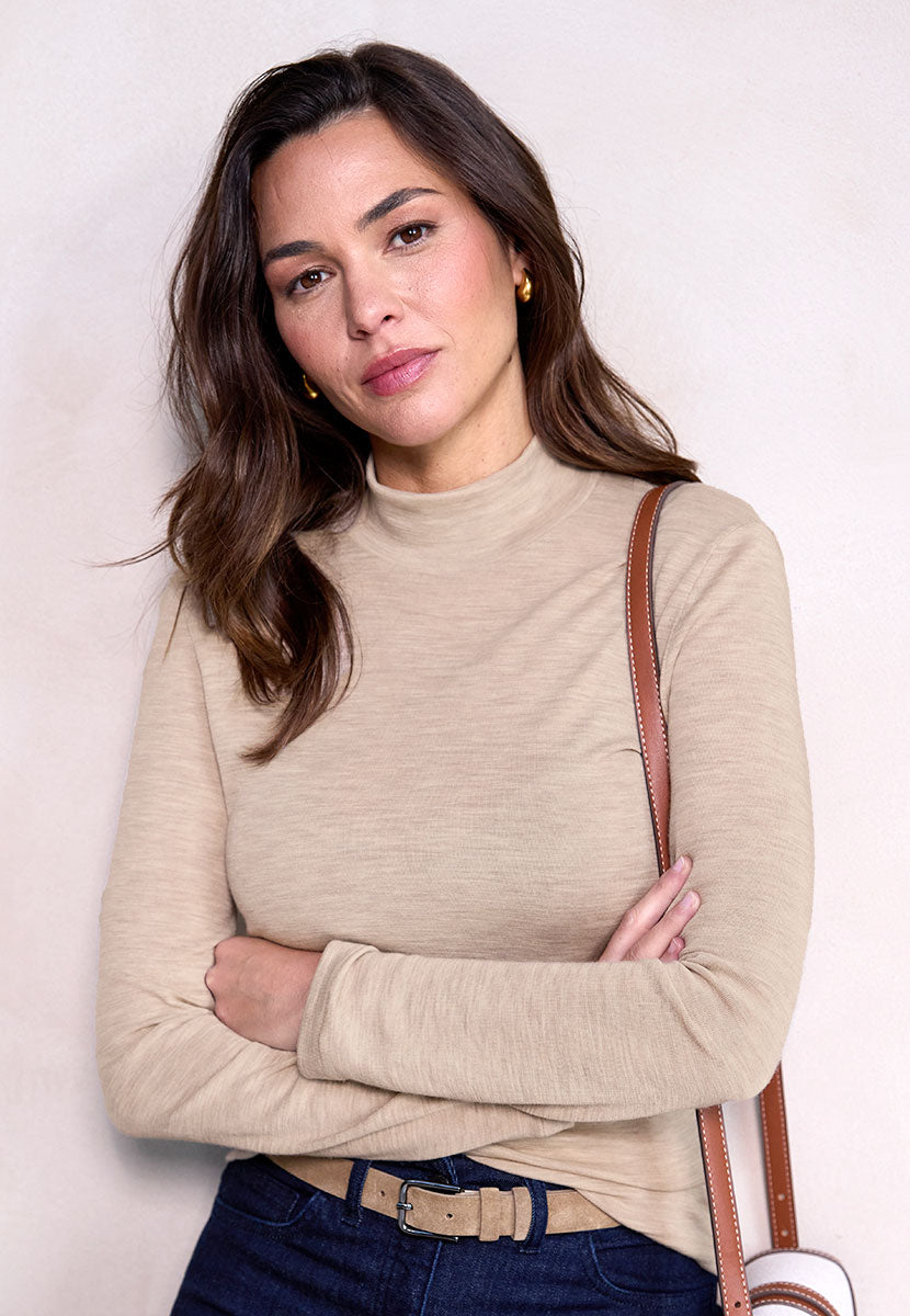 Gaia Turtle Neck Long Sleeve Top - Oatmeal Marl Neutral Beige Merino Silk Blend Turtle-neck Perfect for Wearing Alone or Layering Seamless Comfort and Warmth