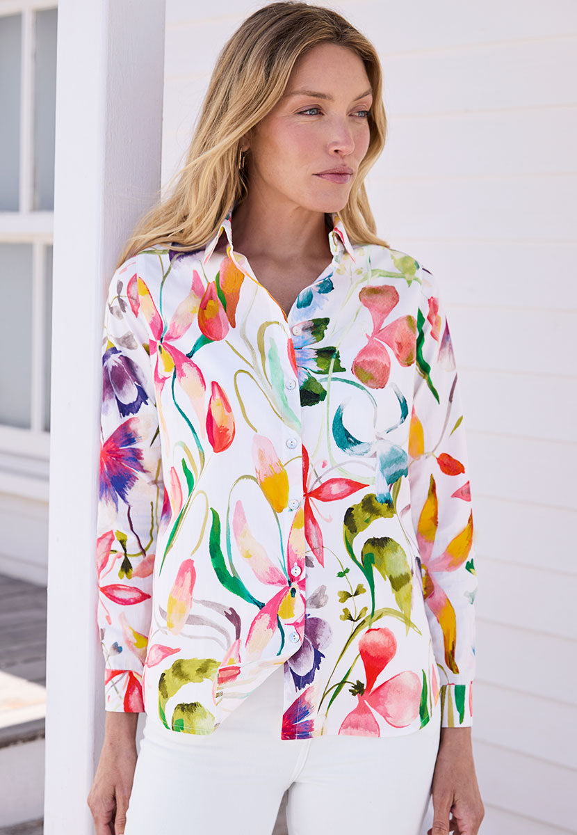 Georgia Long Sleeve Button Through Cotton Shirt - Sarzano Print