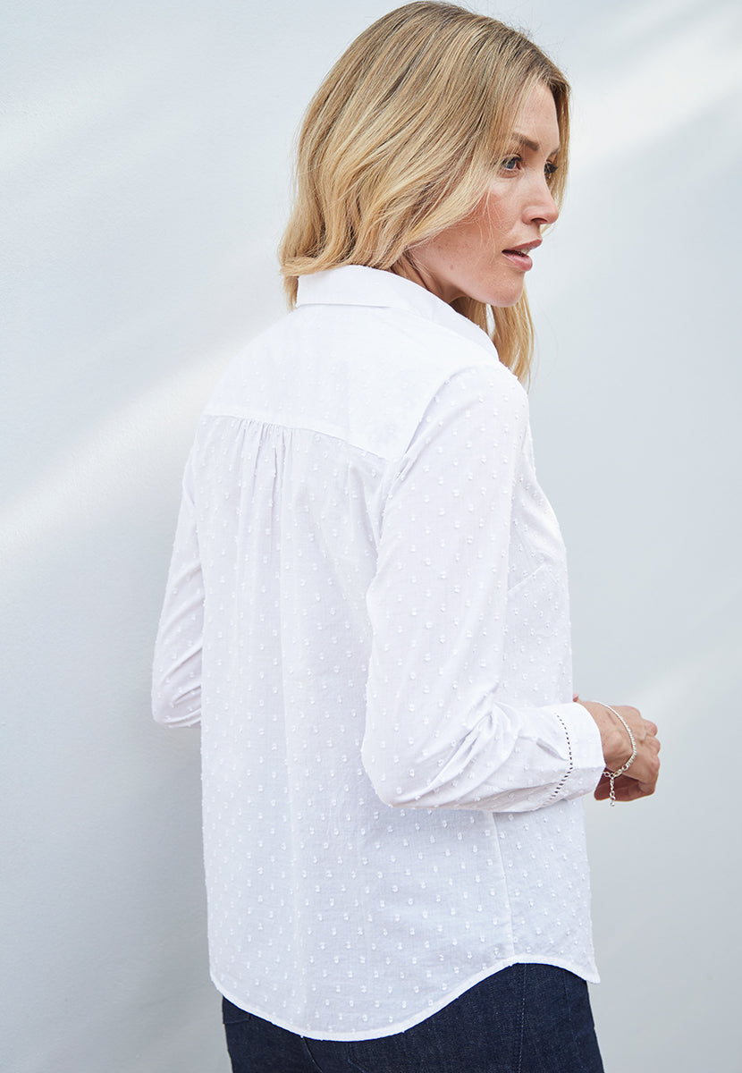 Georgia Long Sleeve Button Through Cotton Shirt - White Dobby